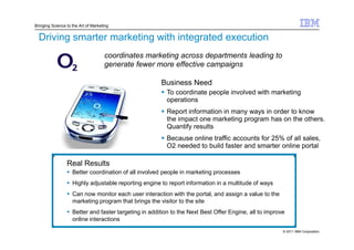 Bringing Science to the Art of Marketing


  Driving smarter marketing with integrated execution
                                     coordinates marketing across departments leading to
                                     generate fewer more effective campaigns

                                                       Business Need
                                                         To coordinate people involved with marketing
                                                         operations
                                                         Report information in many ways in order to know
                                                         the impact one marketing program has on the others.
                                                         Quantify results
                                                         Because online traffic accounts for 25% of all sales,
                                                         O2 needed to build faster and smarter online portal

                 Real Results
                    Better coordination of all involved people in marketing processes
                    Highly adjustable reporting engine to report information in a multitude of ways
                    Can now monitor each user interaction with the portal, and assign a value to the
                    marketing program that brings the visitor to the site
                    Better and faster targeting in addition to the Next Best Offer Engine, all to improve
                    online interactions
                                                                                                        © 2011 IBM Corporation
 