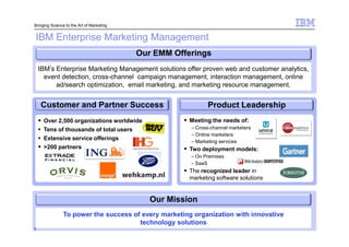 Bringing Science to the Art of Marketing


IBM Enterprise Marketing Management
                                           Our EMM Offerings
    IBM’s Enterprise Marketing Management solutions offer proven web and customer analytics,
      event detection, cross-channel campaign management, interaction management, online
          ad/search optimization, email marketing, and marketing resource management.


    Customer and Partner Success                              Product Leadership
     Over 2,500 organizations worldwide                Meeting the needs of:
     Tens of thousands of total users                  – Cross-channel marketers
                                                       – Online marketers
     Extensive service offerings
                                                       – Marketing services
     >200 partners                                     Two deployment models:
                                                       – On Premises
                                                       – SaaS
                                                       The recognized leader in
                                                       marketing software solutions


                                              Our Mission
               To power the success of every marketing organization with innovative
                                      technology solutions
2
2                                                                                     © 2011 IBM Corporation
 