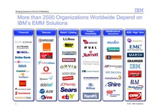 Bringing Science to the Art of Marketing


    More than 2500 Organizations Worldwide Depend on
    IBM’s EMM Solutions
                                                               Travel /     Healthcare &
    Financial                  Telecom     Retail / Catalog                                B2B / High Tech
                                                              Hospitality    Insurance




3                                                                                          © 2011 IBM Corporation
 