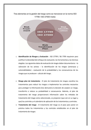 13 
Tres elementos en la gestión del riesgo como se mencionan en la norma ISO 17799 / ISO 27000 media: 
1. Identificación de Riesgos y Evaluación : ISO 17799 / BS 7799 requieren para justificar la idoneidad del enfoque de evaluación, las herramientas y las técnicas elegidas. Los siguientes datos de evaluación de riesgos deben documentarse: - la valoración de los activos - la identificación de los riesgos (amenazas y vulnerabilidades) - evaluación de la probabilidad y las consecuencias de los riesgos que se producen - cálculo del riesgo. 
2. Riesgo plan de tratamiento : El plan de tratamiento de riesgos coordina los tratamientos para reducir los riesgos e implementar los controles necesarios para proteger la información.Esto demuestra la decisión de aceptar un riesgo, transferirlo o reduce su probabilidad o consecuencia. Además, el plan de tratamiento del riesgo proporcionará información sobre los métodos de tratamiento del riesgo como seleccionado, se proponen (que son en su lugar y que) los controles y el calendario de aplicación de los tratamientos y controles. 
3. Tratamiento del riesgo : El tratamiento del riesgo es el paso para poner en práctica todos los tratamientos y los controles establecidos en el plan de tratamiento de riesgos 
 