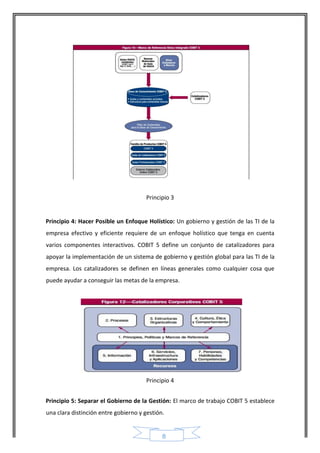 8 
Principio 3 
Principio 4: Hacer Posible un Enfoque Holístico: Un gobierno y gestión de las TI de la empresa efectivo y eficiente requiere de un enfoque holístico que tenga en cuenta varios componentes interactivos. COBIT 5 define un conjunto de catalizadores para apoyar la implementación de un sistema de gobierno y gestión global para las TI de la empresa. Los catalizadores se definen en líneas generales como cualquier cosa que puede ayudar a conseguir las metas de la empresa. 
Principio 4 
Principio 5: Separar el Gobierno de la Gestión: El marco de trabajo COBIT 5 establece una clara distinción entre gobierno y gestión.  
