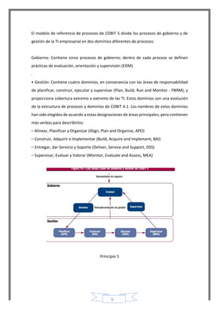 9 
El modelo de referencia de procesos de COBIT 5 divide los procesos de gobierno y de gestión de la TI empresarial en dos dominios diferentes de procesos: 
Gobierno: Contiene cinco procesos de gobierno; dentro de cada proceso se definen prácticas de evaluación, orientación y supervisión (EDM). 
. 
• Gestión: Contiene cuatro dominios, en consonancia con las áreas de responsabilidad de planificar, construir, ejecutar y supervisar (Plan, Build, Run and Monitor - PBRM), y proporciona cobertura extremo a extremo de las TI. Estos dominios son una evolución de la estructura de procesos y dominios de COBIT 4.1. Los nombres de estos dominios han sido elegidos de acuerdo a estas designaciones de áreas principales, pero contienen más verbos para describirlos: 
– Alinear, Planificar y Organizar (Align, Plan and Organise, APO) 
– Construir, Adquirir e Implementar (Build, Acquire and Implement, BAI) 
– Entregar, dar Servicio y Soporte (Deliver, Service and Support, DSS) 
– Supervisar, Evaluar y Valorar (Monitor, Evaluate and Assess, MEA) 
Principio 5 
 