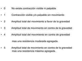 • 0 No existe contracción visible ni palpable
• 1 Contracción visible y/o palpable sin movimiento
• 2 Amplitud total del movimiento a favor de la gravedad
• 3 Amplitud total de movimiento en contra de la gravedad
• 4 Amplitud total del movimiento en contra de gravedad
mas una resistencia moderada agregada.
• 5 Amplitud total de movimiento en contra de la gravedad
mas una resistencia máxima agregada.
 