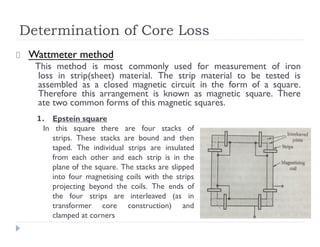 Determination of Core Loss
Wattmeter method
This method is most commonly used for measurement of iron
loss in strip(sheet) material. The strip material to be tested is
assembled as a closed magnetic circuit in the form of a square.
Therefore this arrangement is known as magnetic square. There
ate two common forms of this magnetic squares.
1. Epstein square
In this square there are four stacks of
strips. These stacks are bound and then
taped. The individual strips are insulated
from each other and each strip is in the
plane of the square. The stacks are slipped
into four magnetising coils with the strips
projecting beyond the coils. The ends of
the four strips are interleaved (as in
transformer core construction) and
clamped at corners
 