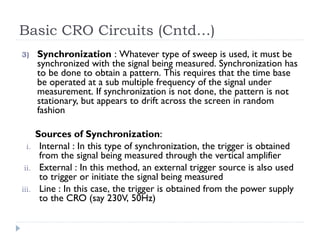 Basic CRO Circuits (Cntd…)
3) Synchronization : Whatever type of sweep is used, it must be
synchronized with the signal being measured. Synchronization has
to be done to obtain a pattern. This requires that the time base
be operated at a sub multiple frequency of the signal under
measurement. If synchronization is not done, the pattern is not
stationary, but appears to drift across the screen in random
fashion
Sources of Synchronization:
i. Internal : In this type of synchronization, the trigger is obtained
from the signal being measured through the vertical amplifier
ii. External : In this method, an external trigger source is also used
to trigger or initiate the signal being measured
iii. Line : In this case, the trigger is obtained from the power supply
to the CRO (say 230V, 50Hz)
 