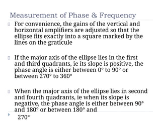 Measurement of Phase & Frequency
For convenience, the gains of the vertical and
horizontal ampliﬁers are adjusted so that the
ellipse ﬁts exactly into a square marked by the
lines on the graticule
If the major axis of the ellipse lies in the ﬁrst
and third quadrants, ie its slope is positive, the
phase angle is either between 0° to 90° or
between 270° to 360°
When the major axis of the ellipse lies in second
and fourth quadrants, ie when its slope is
negative, the phase angle is either between 90°
and 180° or between 180° and
270°
 