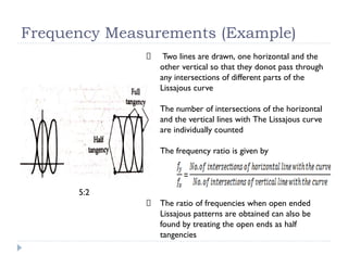 Frequency Measurements (Example)
Two lines are drawn, one horizontal and the
other vertical so that they donot pass through
any intersections of different parts of the
Lissajous curve
The number of intersections of the horizontal
and the vertical lines with The Lissajous curve
are individually counted
The frequency ratio is given by
The ratio of frequencies when open ended
Lissajous patterns are obtained can also be
found by treating the open ends as half
tangencies
5:2
 