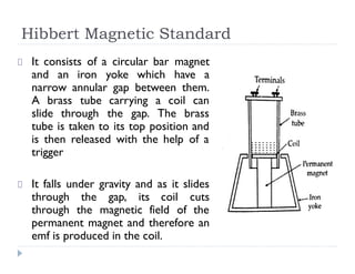 Hibbert Magnetic Standard
It consists of a circular bar magnet
and an iron yoke which have a
narrow annular gap between them.
A brass tube carrying a coil can
slide through the gap. The brass
tube is taken to its top position and
is then released with the help of a
trigger
It falls under gravity and as it slides
through the gap, its coil cuts
through the magnetic field of the
permanent magnet and therefore an
emf is produced in the coil.
 