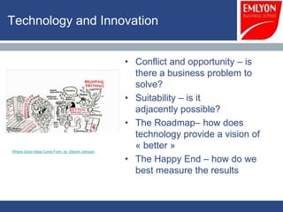 Technology and Innovation


                                                • Conflict and opportunity – is
                                                  there a business problem to
                                                  solve?
                                                • Suitability – is it
                                                  adjacently possible?
                                                • The Roadmap– how does
                                                  technology provide a vision of
Where Good Ideas Come From, by Steven Johnson
                                                  « better »
                                                • The Happy End – how do we
                                                  best measure the results
 