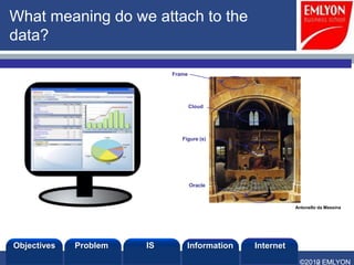 What meaning do we attach to the
data?

                            Frame




                                    Cloud




                               Figure (s)




                                    Oracle



                                                          Antonello da Messina




Objectives   Problem   IS        Information   Internet
                                                           ©2010
                                                           ©2012 EMLYON
 