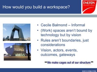 How would you build a workspace?



                • Cecile Balmond – Informal
                • (Work) spaces aren’t bound by
                  technology but by vision
                • Rules aren’t boundaries, just
                  considerations
                • Vision, actors, events,
                  outcomes, gateways



                                         ©2012 EMLYON
 