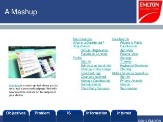 A Mashup


                                                  Main features                 Dashboards
                                                  What is a Dashboard?               Private & Public
                                                  Registration                       Dashboards
                                                         Simple Registration         App View
                                                         Facebook Connect            Reader View
                                                  Profile                            Settings
                                                         Sign In                     Themes
                                                         Edit your account info      Keyboard Shortcuts
                                                         Change profile image        Sharing
                                                         Email settings         Mobile Versions Specifics
                                                         Change password             Sign-in
                                                         Manage Dashboards           iPhone, Android
 Netvibes is a mash-up that allows you to                Backup Feeds                version
 construct a personalised page filled with               Third Party Services        Wap version
 near real time content on the subject of
 your choice




Objectives            Problem                IS            Information            Internet
                                                                                                 ©2012 EMLYON
 