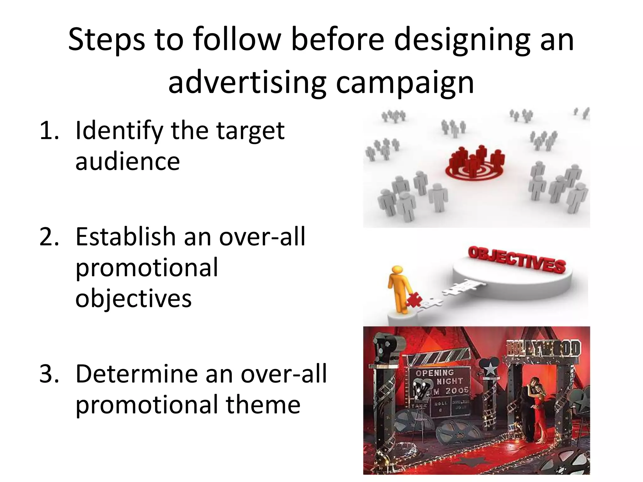 Steps to follow before designing an
         advertising campaign
1. Identify the target
   audience

2. Establish an over-all
   promotional
   objectives

3. Determine an over-all
   promotional theme
 