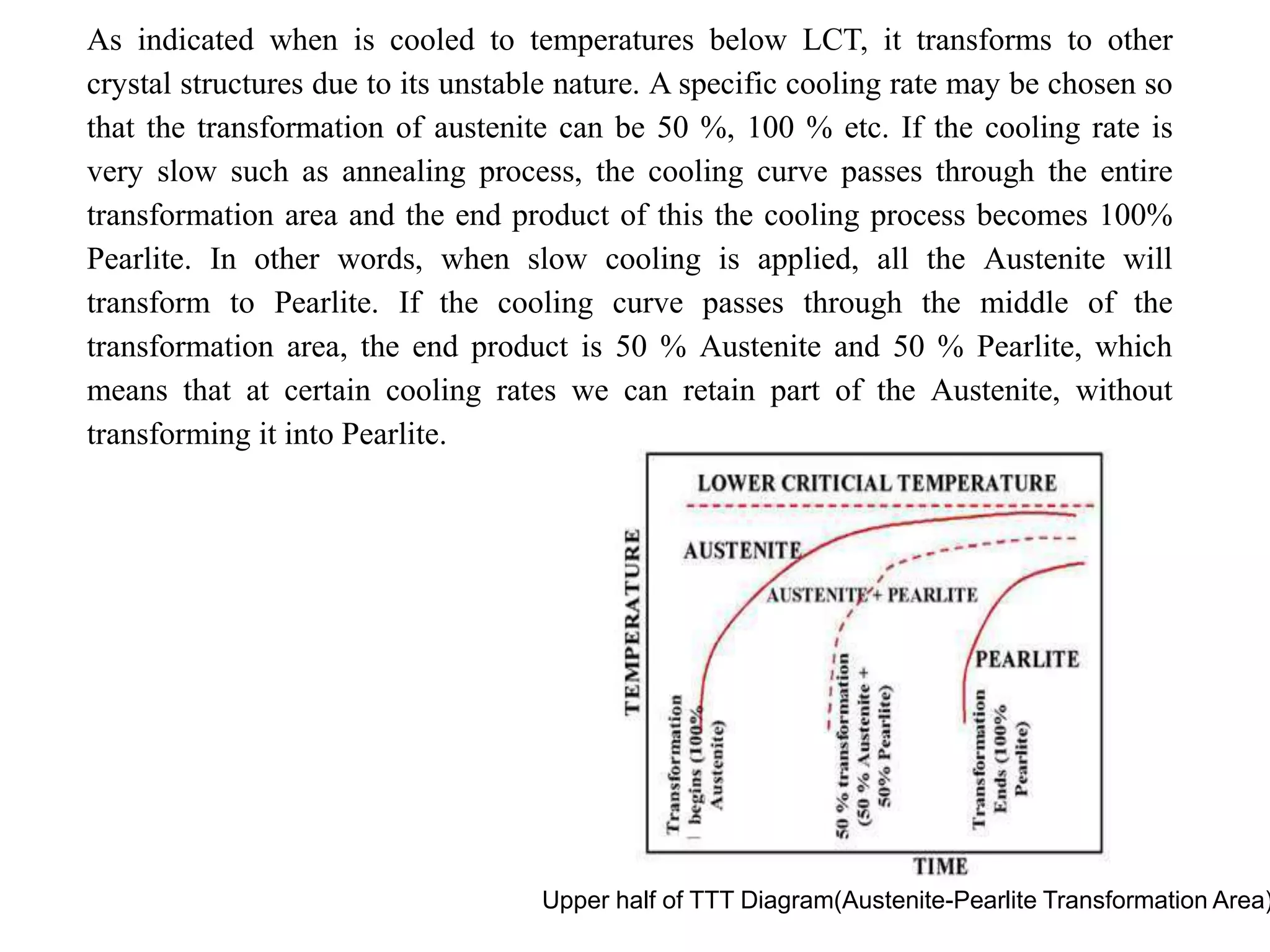 As indicated when is cooled to temperatures below LCT, it transforms to other
crystal structures due to its unstable nature. A specific cooling rate may be chosen so
that the transformation of austenite can be 50 %, 100 % etc. If the cooling rate is
very slow such as annealing process, the cooling curve passes through the entire
transformation area and the end product of this the cooling process becomes 100%
Pearlite. In other words, when slow cooling is applied, all the Austenite will
transform to Pearlite. If the cooling curve passes through the middle of the
transformation area, the end product is 50 % Austenite and 50 % Pearlite, which
means that at certain cooling rates we can retain part of the Austenite, without
transforming it into Pearlite.
Upper half of TTT Diagram(Austenite-Pearlite Transformation Area)
 