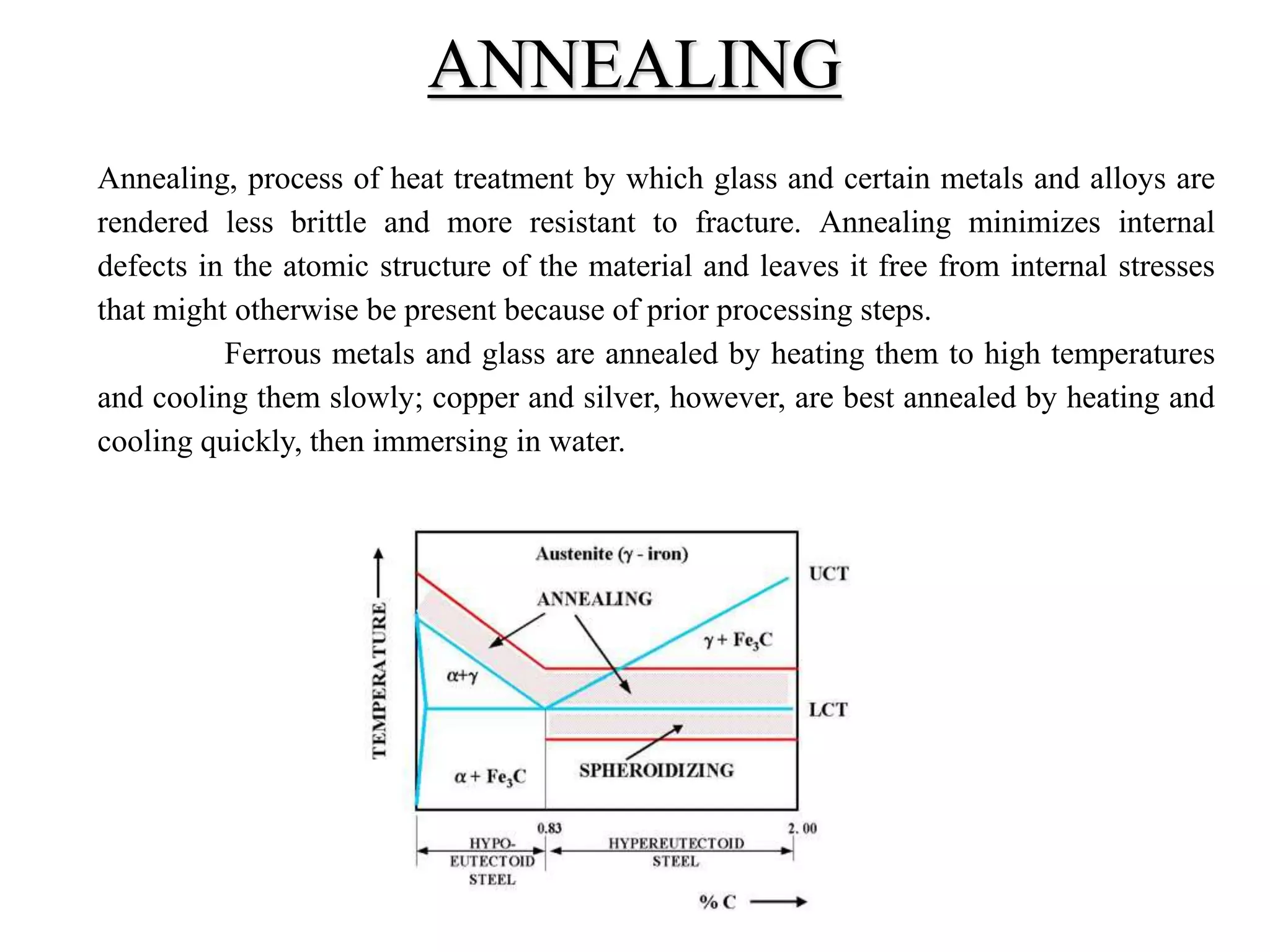 Annealing, process of heat treatment by which glass and certain metals and alloys are
rendered less brittle and more resistant to fracture. Annealing minimizes internal
defects in the atomic structure of the material and leaves it free from internal stresses
that might otherwise be present because of prior processing steps.
Ferrous metals and glass are annealed by heating them to high temperatures
and cooling them slowly; copper and silver, however, are best annealed by heating and
cooling quickly, then immersing in water.
ANNEALING
 