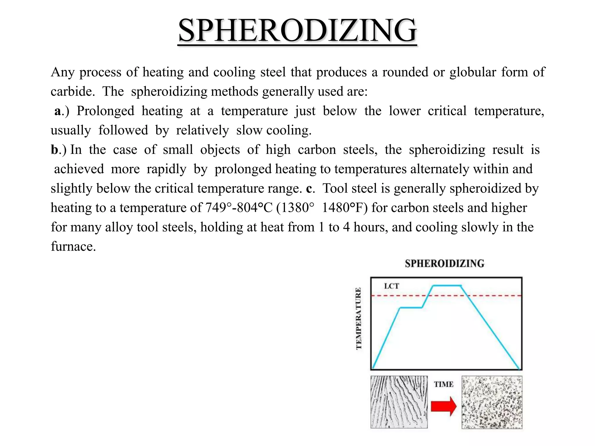 Any process of heating and cooling steel that produces a rounded or globular form of
carbide. The spheroidizing methods generally used are:
a.) Prolonged heating at a temperature just below the lower critical temperature,
usually followed by relatively slow cooling.
b.) In the case of small objects of high carbon steels, the spheroidizing result is
achieved more rapidly by prolonged heating to temperatures alternately within and
slightly below the critical temperature range. c. Tool steel is generally spheroidized by
heating to a temperature of 749°-804°C (1380° 1480°F) for carbon steels and higher
for many alloy tool steels, holding at heat from 1 to 4 hours, and cooling slowly in the
furnace.
SPHERODIZING
 