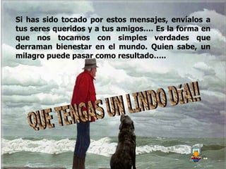 Si has sido tocado por estos mensajes, envíalos a tus seres queridos y a tus amigos…. Es la forma en que nos tocamos con simples verdades que derraman bienestar en el mundo. Quien sabe, un milagro puede pasar como resultado….. QUE TENGAS UN LINDO DÍA!! 