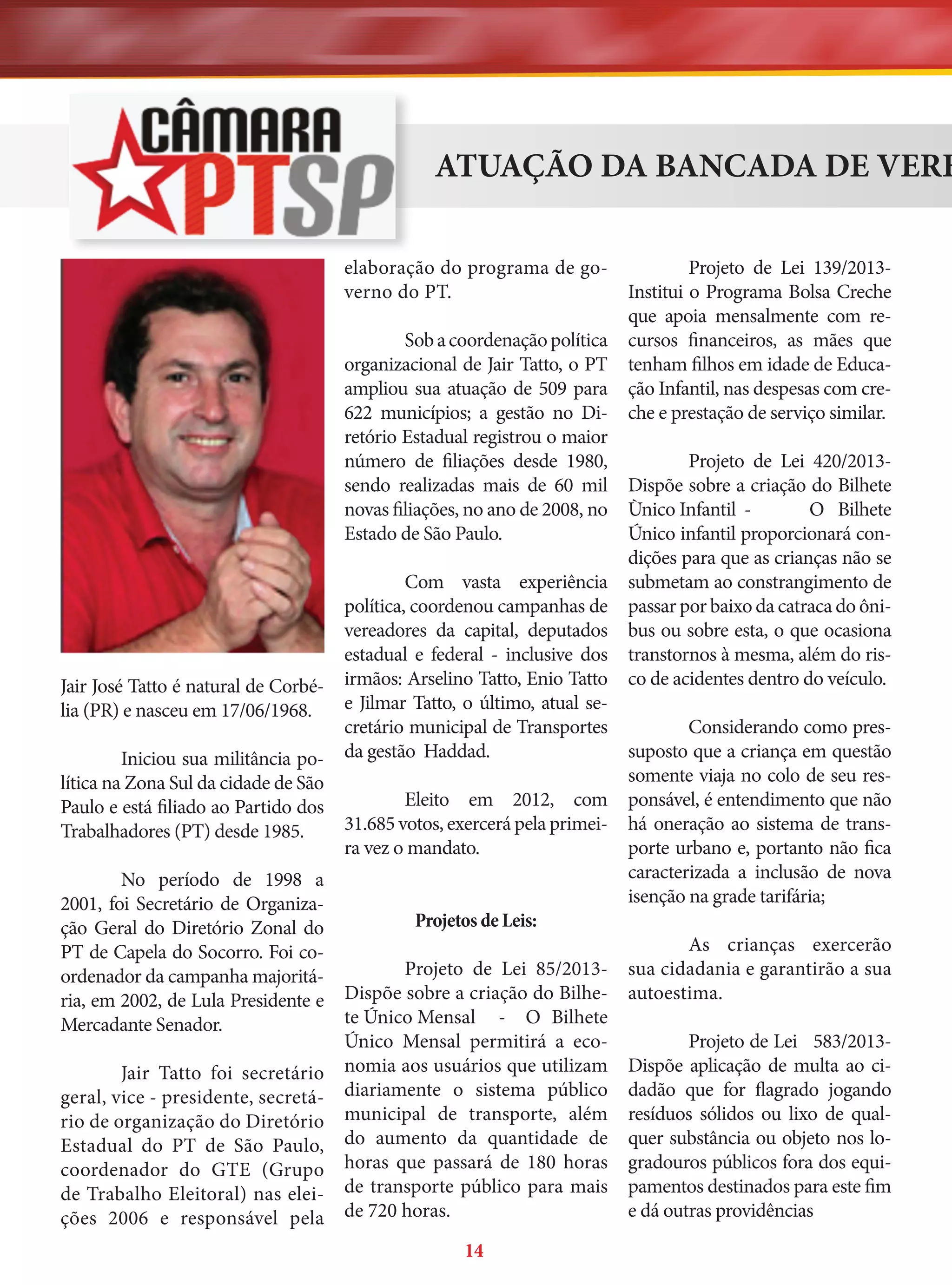 ATUAÇÃO DA BANCADA DE VERE
Projeto de Lei 139/2013Institui o Programa Bolsa Creche
que apoia mensalmente com reSob a coordenação política cursos financeiros, as mães que
organizacional de Jair Tatto, o PT tenham filhos em idade de Educaampliou sua atuação de 509 para ção Infantil, nas despesas com cre622 municípios; a gestão no Di- che e prestação de serviço similar.
retório Estadual registrou o maior
Projeto de Lei 420/2013número de filiações desde 1980,
sendo realizadas mais de 60 mil Dispõe sobre a criação do Bilhete
O Bilhete
novas filiações, no ano de 2008, no Ùnico Infantil Único infantil proporcionará conEstado de São Paulo.
dições para que as crianças não se
Com vasta experiência submetam ao constrangimento de
política, coordenou campanhas de passar por baixo da catraca do ônivereadores da capital, deputados bus ou sobre esta, o que ocasiona
estadual e federal - inclusive dos transtornos à mesma, além do risirmãos: Arselino Tatto, Enio Tatto co de acidentes dentro do veículo.
e Jilmar Tatto, o último, atual seConsiderando como prescretário municipal de Transportes
suposto que a criança em questão
da gestão Haddad.
somente viaja no colo de seu resEleito em 2012, com ponsável, é entendimento que não
31.685 votos, exercerá pela primei- há oneração ao sistema de transporte urbano e, portanto não fica
ra vez o mandato.
caracterizada a inclusão de nova
isenção na grade tarifária;
Projetos de Leis:
As crianças exercerão
Projeto de Lei 85/2013- sua cidadania e garantirão a sua
Dispõe sobre a criação do Bilhe- autoestima.
te Único Mensal - O Bilhete
Projeto de Lei 583/2013Único Mensal permitirá a economia aos usuários que utilizam Dispõe aplicação de multa ao cidiariamente o sistema público dadão que for flagrado jogando
municipal de transporte, além resíduos sólidos ou lixo de qualdo aumento da quantidade de quer substância ou objeto nos lohoras que passará de 180 horas gradouros públicos fora dos equide transporte público para mais pamentos destinados para este fim
de 720 horas.
e dá outras providências
elaboração do programa de governo do PT.

Jair José Tatto é natural de Corbélia (PR) e nasceu em 17/06/1968.
Iniciou sua militância política na Zona Sul da cidade de São
Paulo e está filiado ao Partido dos
Trabalhadores (PT) desde 1985.
No período de 1998 a
2001, foi Secretário de Organização Geral do Diretório Zonal do
PT de Capela do Socorro. Foi coordenador da campanha majoritária, em 2002, de Lula Presidente e
Mercadante Senador.
Jair Tatto foi secretário
geral, vice - presidente, secretário de organização do Diretório
Estadual do PT de São Paulo,
coordenador do GTE (Grupo
de Trabalho Eleitoral) nas eleições 2006 e responsável pela

14

 