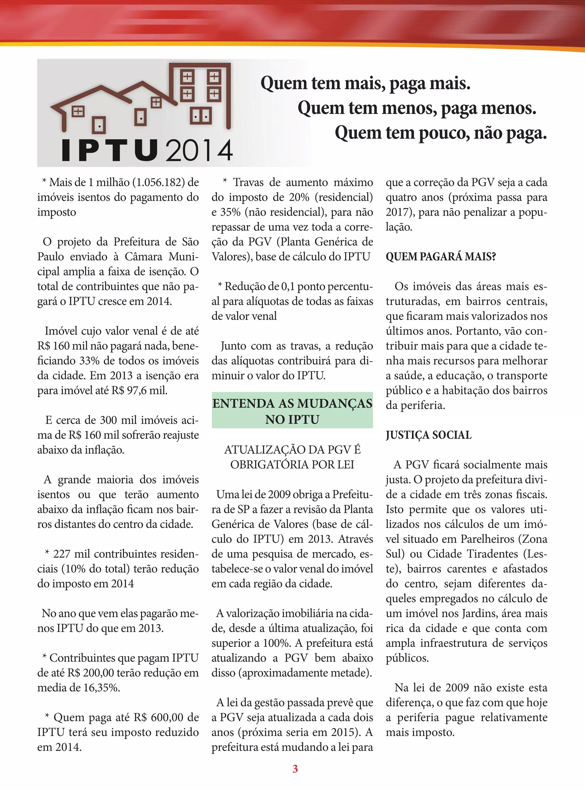 Quem tem mais, paga mais.
Quem tem menos, paga menos.
Quem tem pouco, não paga.
* Mais de 1 milhão (1.056.182) de
* Travas de aumento máximo
imóveis isentos do pagamento do do imposto de 20% (residencial)
imposto
e 35% (não residencial), para não
repassar de uma vez toda a correO projeto da Prefeitura de São ção da PGV (Planta Genérica de
Paulo enviado à Câmara Muni- Valores), base de cálculo do IPTU
cipal amplia a faixa de isenção. O
total de contribuintes que não pa* Redução de 0,1 ponto percentugará o IPTU cresce em 2014.
al para alíquotas de todas as faixas
de valor venal
Imóvel cujo valor venal é de até
R$ 160 mil não pagará nada, beneJunto com as travas, a redução
ficiando 33% de todos os imóveis das alíquotas contribuirá para dida cidade. Em 2013 a isenção era minuir o valor do IPTU.
para imóvel até R$ 97,6 mil.

que a correção da PGV seja a cada
quatro anos (próxima passa para
2017), para não penalizar a população.

ma de R$ 160 mil sofrerão reajuste
abaixo da inflação.

JUSTIÇA SOCIAL

ENTENDA AS MUDANÇAS
NO IPTU
E cerca de 300 mil imóveis aciATUALIZAÇÃO DA PGV É
OBRIGATÓRIA POR LEI

A grande maioria dos imóveis
isentos ou que terão aumento Uma lei de 2009 obriga a Prefeituabaixo da inflação ficam nos bair- ra de SP a fazer a revisão da Planta
ros distantes do centro da cidade. Genérica de Valores (base de cálculo do IPTU) em 2013. Através
* 227 mil contribuintes residen- de uma pesquisa de mercado, esciais (10% do total) terão redução tabelece-se o valor venal do imóvel
do imposto em 2014
em cada região da cidade.

QUEM PAGARÁ MAIS?
Os imóveis das áreas mais estruturadas, em bairros centrais,
que ficaram mais valorizados nos
últimos anos. Portanto, vão contribuir mais para que a cidade tenha mais recursos para melhorar
a saúde, a educação, o transporte
público e a habitação dos bairros
da periferia.

A PGV ficará socialmente mais
justa. O projeto da prefeitura divide a cidade em três zonas fiscais.
Isto permite que os valores utilizados nos cálculos de um imóvel situado em Parelheiros (Zona
Sul) ou Cidade Tiradentes (Leste), bairros carentes e afastados
do centro, sejam diferentes daqueles empregados no cálculo de
um imóvel nos Jardins, área mais
rica da cidade e que conta com
ampla infraestrutura de serviços
públicos.

No ano que vem elas pagarão me- A valorização imobiliária na cidanos IPTU do que em 2013.
de, desde a última atualização, foi
superior a 100%. A prefeitura está
* Contribuintes que pagam IPTU atualizando a PGV bem abaixo
de até R$ 200,00 terão redução em disso (aproximadamente metade).
media de 16,35%.
Na lei de 2009 não existe esta
A lei da gestão passada prevê que diferença, o que faz com que hoje
* Quem paga até R$ 600,00 de a PGV seja atualizada a cada dois a periferia pague relativamente
IPTU terá seu imposto reduzido anos (próxima seria em 2015). A mais imposto.
em 2014.
prefeitura está mudando a lei para
3

 