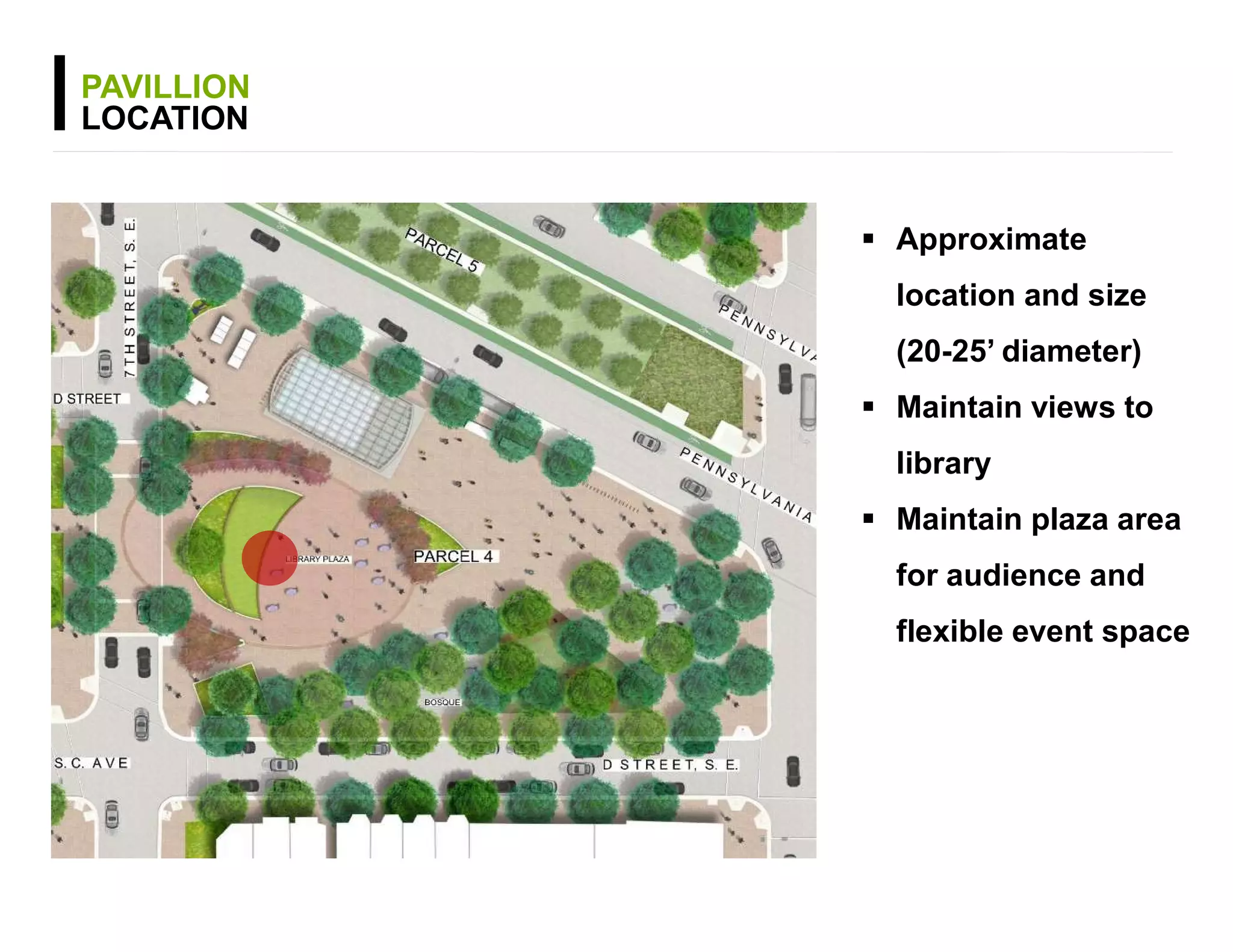 PAVILLION
LOCATION
 Approximate
location and size
(20-25’ diameter)
 Maintain views to
library
 Maintain plaza area
for audience and
flexible event space
 