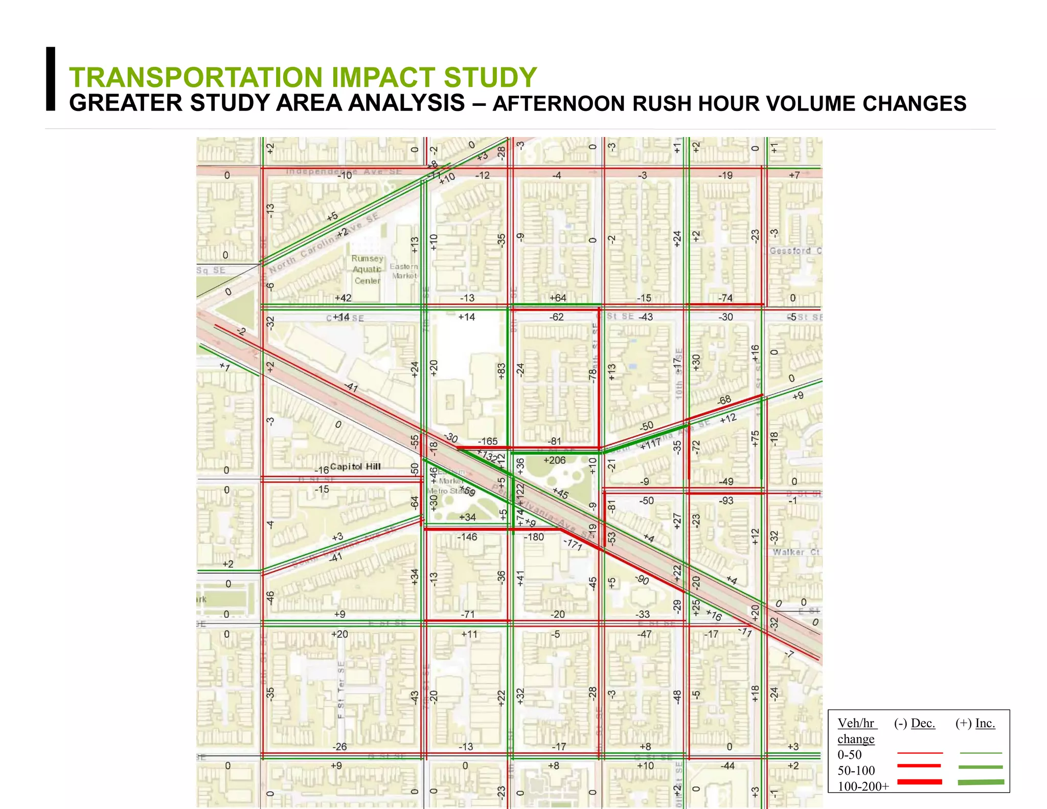 TRANSPORTATION IMPACT STUDY
GREATER STUDY AREA ANALYSIS – AFTERNOON RUSH HOUR VOLUME CHANGES
Veh/hr (-) Dec. (+) Inc.
change
0-50
50-100
100-200+
 
