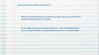 4¿Que harias para cambiar la situacion ?
Meter documentos escritos y votados por todos para que la institucion
busque la forma de poner ,rampas
En las sillas presionar a los alumnos por su mal comportamiento en
poner o pintar las sillas y sancionarlos para que no lo vuelvan hacer
 