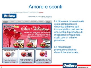 Amore e sconti La dinamica promozionale è più complessa e la dinamica affianca agli immancabili sconti anche una scelta di prodotti e di messaggio emozionale scelti con un criterio peculiare. Le meccaniche promozionali hanno dinamiche strutturate. 
