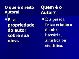 O que é direito Autoral É  a propriedade do autor sobre sua obra. Quem é o Autor? É a pessoa física criadora da obra literária, artística ou científica. 