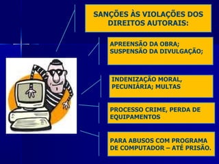 INDENIZAÇÃO MORAL, PECUNIÁRIA; MULTAS SANÇÕES ÀS VIOLAÇÕES DOS DIREITOS AUTORAIS: PROCESSO CRIME, PERDA DE EQUIPAMENTOS APREENSÃO DA OBRA; SUSPENSÃO DA DIVULGAÇÃO; PARA ABUSOS COM PROGRAMA DE COMPUTADOR – ATÉ PRISÃO. 