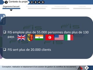 Contexte du projet
2
Organisme d’accueil Processus de recrutement Problématique
2006 2007 2009 2015
 FIS emploie plus de 55.000 personnes dans plus de 130
pays
 FIS sert plus de 20.000 clients
Conception, réalisation et déploiement d'une solution de gestion du workflow de recrutement
Objectifs
 