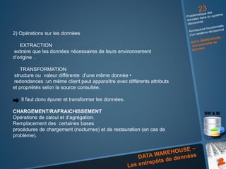 2) Opérations sur les données
EXTRACTION
extraire que les données nécessaires de leurs environnement
d’origine .
TRANSFORMATION
structure ou valeur différente d’une même donnée •
redondances :un même client peut apparaître avec différents attributs
et propriétés selon la source consultée.
Il faut donc épurer et transformer les données.
CHARGEMENT/RAFRAICHISSEMENT
Opérations de calcul et d’agrégation.
Remplacement des certaines bases
procédures de chargement (nocturnes) et de restauration (en cas de
problème).
 