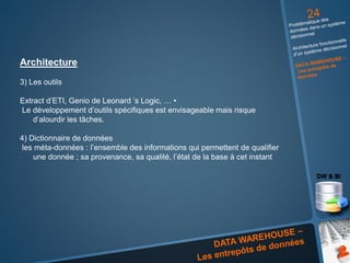 Architecture
3) Les outils
Extract d’ETI, Genio de Leonard ’s Logic, … •
Le développement d’outils spécifiques est envisageable mais risque
d’alourdir les tâches.
4) Dictionnaire de données
les méta-données : l’ensemble des informations qui permettent de qualifier
une donnée ; sa provenance, sa qualité, l’état de la base à cet instant
 