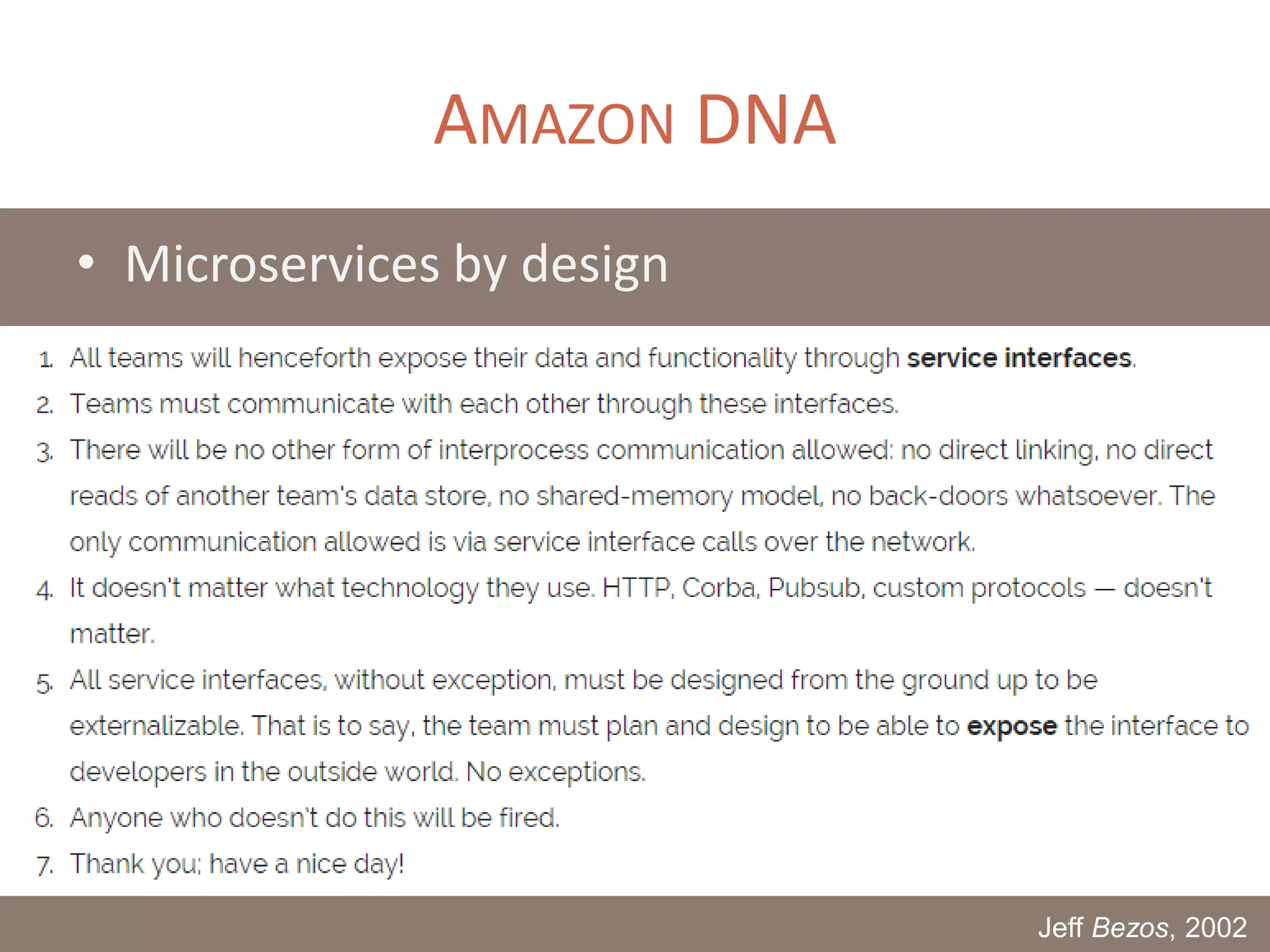 AMAZON DNA
• Microservices by design
Jeff Bezos, 2002
 