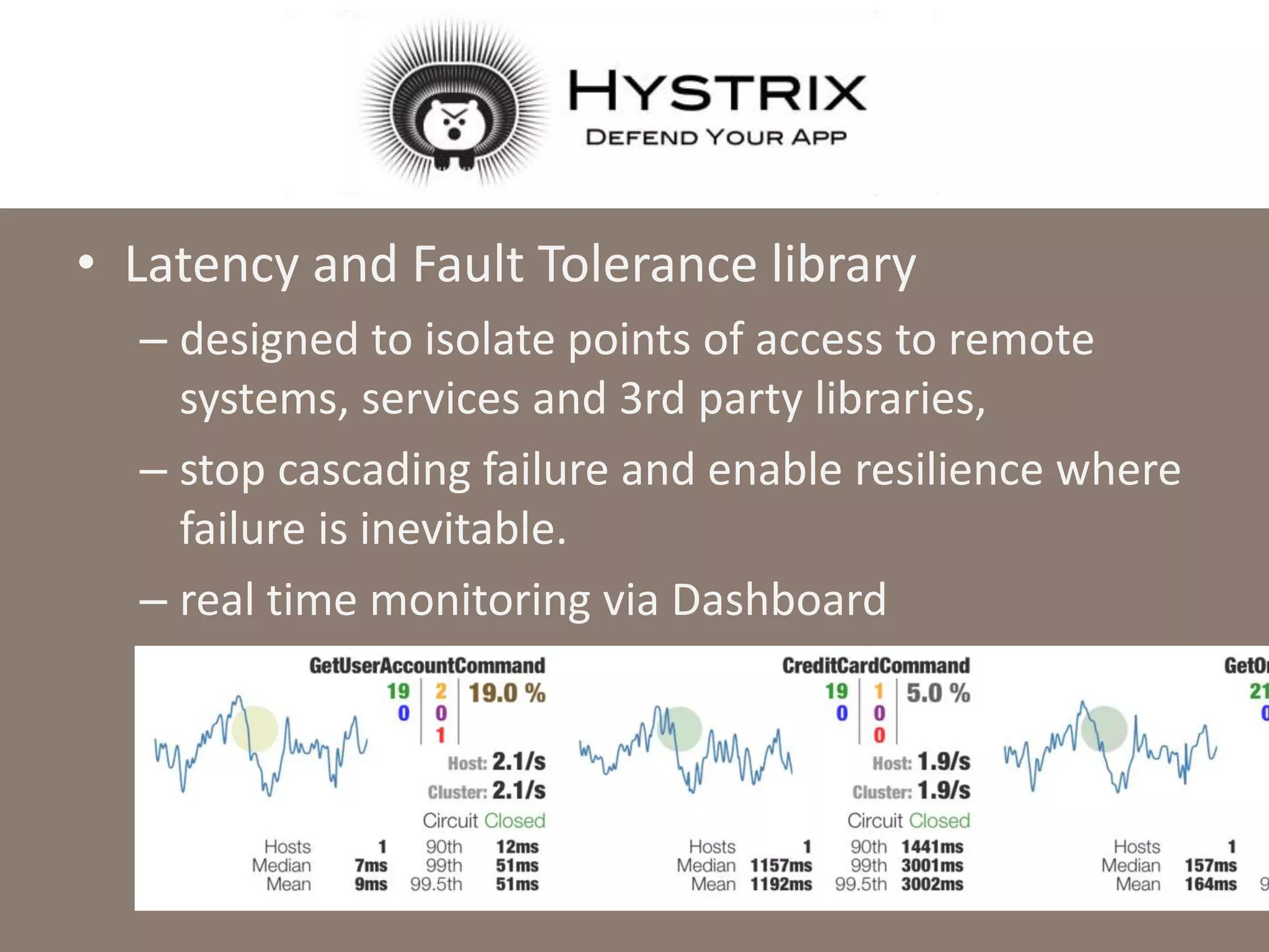 NETFLIX HYSTRIX
• Latency and Fault Tolerance library
– designed to isolate points of access to remote
systems, services and 3rd party libraries,
– stop cascading failure and enable resilience where
failure is inevitable.
– real time monitoring via Dashboard
 
