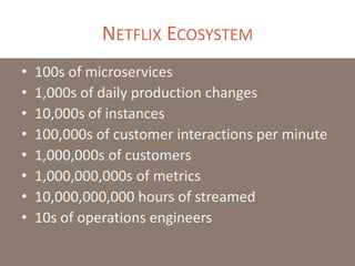 NETFLIX ECOSYSTEM
• 100s of microservices
• 1,000s of daily production changes
• 10,000s of instances
• 100,000s of customer interactions per minute
• 1,000,000s of customers
• 1,000,000,000s of metrics
• 10,000,000,000 hours of streamed
• 10s of operations engineers
 
