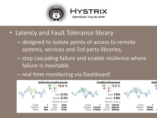 NETFLIX HYSTRIX
• Latency and Fault Tolerance library
– designed to isolate points of access to remote
systems, services and 3rd party libraries,
– stop cascading failure and enable resilience where
failure is inevitable.
– real time monitoring via Dashboard
 