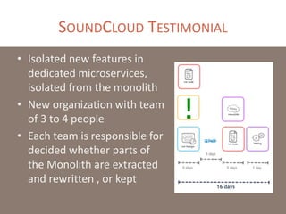 SOUNDCLOUD TESTIMONIAL
• Isolated new features in
dedicated microservices,
isolated from the monolith
• New organization with team
of 3 to 4 people
• Each team is responsible for
decided whether parts of
the Monolith are extracted
and rewritten , or kept
 