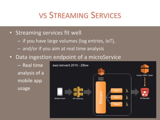 VS STREAMING SERVICES
• Streaming services fit well
– if you have large volumes (log entries, IoT),
– and/or if you aim at real time analysis
• Data ingestion endpoint of a microService
– Real time
analysis of a
mobile app
usage
aws:reinvent 2015 - Zillow
 