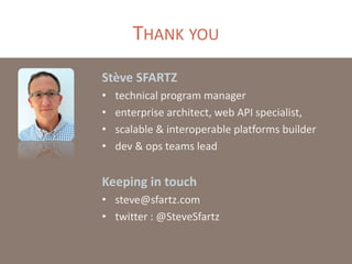 THANK YOU
Stève SFARTZ
• technical program manager
• enterprise architect, web API specialist,
• scalable & interoperable platforms builder
• dev & ops teams lead
Keeping in touch
• steve@sfartz.com
• twitter : @SteveSfartz
 