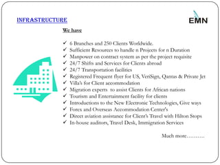 Infrastructure
                 We have

                     6 Branches and 250 Clients Worldwide.
                     Sufficient Resources to handle n Projects for n Duration
                     Manpower on contract system as per the project requisite
                     24/7 Shifts and Services for Clients abroad
                     24/7 Transportation facilities
                     Registered Frequent flyer for US, VeriSign, Qantas & Private Jet
                     Villa’s for Client accommodation
                     Migration experts to assist Clients for African nations
                     Tourism and Entertainment facility for clients
                     Introductions to the New Electronic Technologies, Give ways
                     Forex and Overseas Accommodation Center's
                     Direct aviation assistance for Client’s Travel with Hilton Stops
                     In-house auditors, Travel Desk, Immigration Services

                                                                 Much more……….


10
 