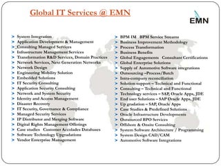 Global IT Services @ EMN

    System Integration                              BPM IM BPM Service Streams
    Application Development & Management            Business Improvement Methodology
    Consulting Managed Services                     Process Transformation
    Infrastructure Management Services              Business Benefits
    Transformation R&D Services, Domain Practices   Global Engagements Consultant Certifications
    Network Services, Next Generation Networks      Global Enterprise Solutions
    Network Design                                  Supply of Automotive Software integrations
    Engineering Mobility Solution                   Outsourcing –Process/Batch
    Embedded Solutions                              Intra-company reconciliation
    IT Security Consulting                          Solution support – Technical and Functional
    Application Security Consulting                 Consulting – Technical and Functional
    Network and System Security                     Technology services – SAP, Oracle Apps, JDE
    Identity and Access Management                  End user Solutions – SAP Oracle Apps, JDE
    Disaster Recovery                               Up gradation – SAP, Oracle Apps
    IT Security, Governance & Compliance            Case Studies & Predefined Solutions
    Managed Security Services                       Oracle Infrastructure Developments
    IP Distributor and Merging Software             Outsourced BPO Services
    Digital Rights Management Offerings             Offshore & Onsite Consulting
    Case studies Customer Accolades Databases       System Software Architecture / Programming
    Software Technology Upgradations                System Design CAD/CAM
    Vendor Enterprise Management                    Automotive Software Integrations


3
 