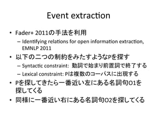 Event 
extracon 
• Fader+ 
2011䛾ᡭἲ䜢฼⏝ 
– Idenfying 
relaons 
for 
open 
informaon 
extracon, 
EMNLP 
2011 
• ௨ୗ䛾஧䛴䛾ไ⣙䜢䜏䛯䛩䜘...