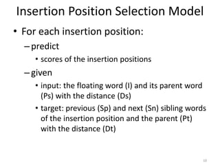 Insertion Position Selection Model
• For each insertion position:
–predict
• scores of the insertion positions
–given
• input: the floating word (I) and its parent word
(Ps) with the distance (Ds)
• target: previous (Sp) and next (Sn) sibling words
of the insertion position and the parent (Pt)
with the distance (Dt)
10
 