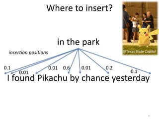 Where to insert?
I found Pikachu by chance yesterday
in the park
insertion positions
0.20.1 0.6 0.01
0.01
@Texas State Capitol
0.01
0.1
3
 