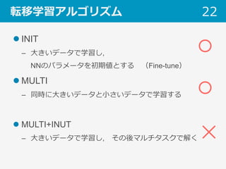 転移学習アルゴリズム
l INIT
–  ⼤きいデータで学習し, 
NNのパラメータを初期値とする （Fine-tune）
l MULTI
–  同時に⼤きいデータと⼩さいデータで学習する
l MULTI+INUT
–  ⼤きいデータで学習し, その後マルチタスクで解く
22
 