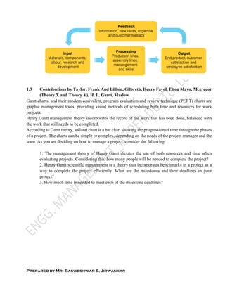 Prepared by-Mr. Basweshwar S. Jirwankar
1.3 Contributions by Taylor, Frank And Lillion, Gilbreth, Henry Fayol, Elton Mayo, Mcgregor
(Theory X and Theory Y), H. L. Gantt, Maslow
Gantt charts, and their modern equivalent, program evaluation and review technique (PERT) charts are
graphic management tools, providing visual methods of scheduling both time and resources for work
projects.
Henry Gantt management theory incorporates the record of the work that has been done, balanced with
the work that still needs to be completed.
According to Gantt theory, a Gantt chart is a bar chart showing the progression of time through the phases
of a project. The charts can be simple or complex, depending on the needs of the project manager and the
team. As you are deciding on how to manage a project, consider the following:
1. The management theory of Henry Gantt dictates the use of both resources and time when
evaluating projects. Considering this, how many people will be needed to complete the project?
2. Henry Gantt scientific management is a theory that incorporates benchmarks in a project as a
way to complete the project efficiently. What are the milestones and their deadlines in your
project?
3. How much time is needed to meet each of the milestone deadlines?
 