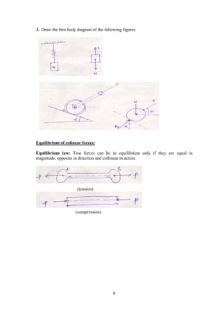 6
3. Draw the free body diagram of the following figures.
Equilibrium of colinear forces:
Equllibrium law: Two forces can be in equilibrium only if they are equal in
magnitude, opposite in direction and collinear in action.
Problem 1:
(tension)
(compression)
 