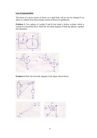 9
Law of superposition
The action of a given system of forces on a rigid body will no way be changed if we
add to or subtract from them another system of forces in equllibrium.
Problem 3: Two spheres of weight P and Q rest inside a hollow cylinder which is
resting on a horizontal force. Draw the free body diagram of both the spheres, together
and separately.
Problem 4: Draw the free body diagram of the figure shown below.
 