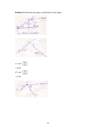 10
Problem 5: Determine the angles α and β shown in the figure.
1
'
1
'
762
tan
915
39 47
762
tan
610
5119




 
  
 

 
  
 



 