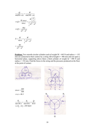 18
2 2
2 2
sin(90 ) sin(180 )
cos
1sin
Q W
d
W
W l
Q
l d
l
Wd
Q
l d
 



 
 
 
   

 

2 2
2 2
1sin
W W
S
l d
l
Wl
l d

 



Problem: Two smooth circular cylinders each of weight W = 445 N and radius r = 152
mm are connected at their centres by a string AB of length l = 406 mm and rest upon a
horizontal plane, supporting above them a third cylinder of weight Q = 890 N and
radius r = 152 mm. Find the forces in the string and the pressures produced on the floor
at the point of contact.
203
cos
304
48.1



  
sin138.1 sin138.1 83.8
597.86
g e
g e
R R Q
R R N
 
  
Rg Rf
Q
 